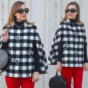 TALBOTS NWOT Wool Buffalo Check Plaid Cape in Black White Size M